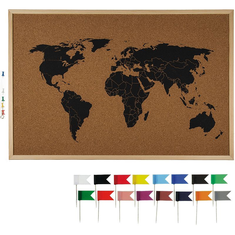 Foto van Prikbord wereldkaart met 20x punaise vlaggetjes gekleurd - 60 x 40 cm - kurk - prikborden