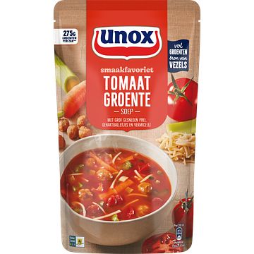 Foto van 2 zakken soep a 570 ml, pakken cupasoup a 3 stuks of single verpakkingen noodles of pasta | unox smaakfavoriet soep in zak tomaat groente 570ml aanbieding bij jumbo