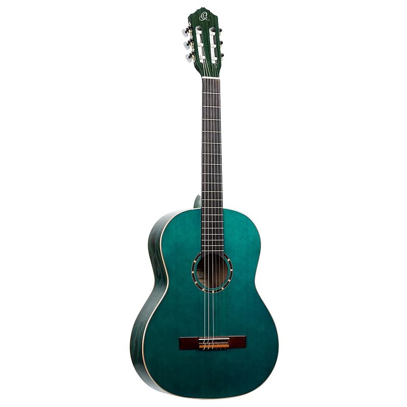 Foto van Ortega family series r121snoc full-size guitar ocean blue klassieke gitaar met gigbag