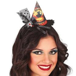 Foto van Halloween heksenhoed - mini hoedje op diadeem - one size - zwart - meisjes/dames - verkleedhoofddeksels