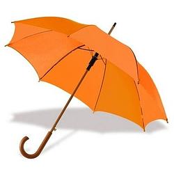 Foto van Oranje paraplu met houten handvat en metalen frame - paraplu - regen