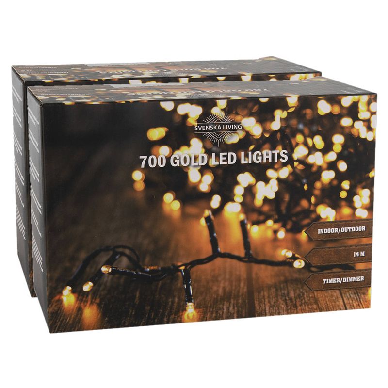 Foto van Set van 2x stuks kerstverlichting goud 700 lampjes 1400 cm - kerstverlichting kerstboom