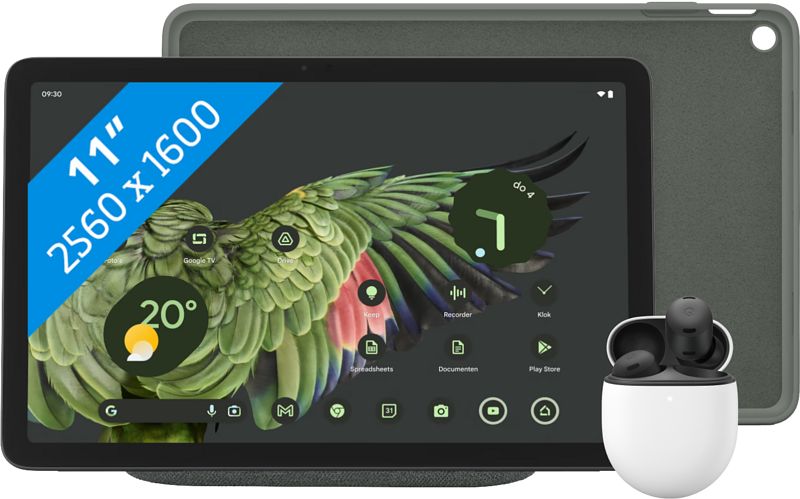 Foto van Google pixel tablet 256gb wifi grijs + pixel tablet back cover grijs + pixel buds pro