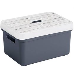 Foto van Sunware opbergbox/mand - donkerblauw - 13 liter - met deksel hout kleur - opbergbox