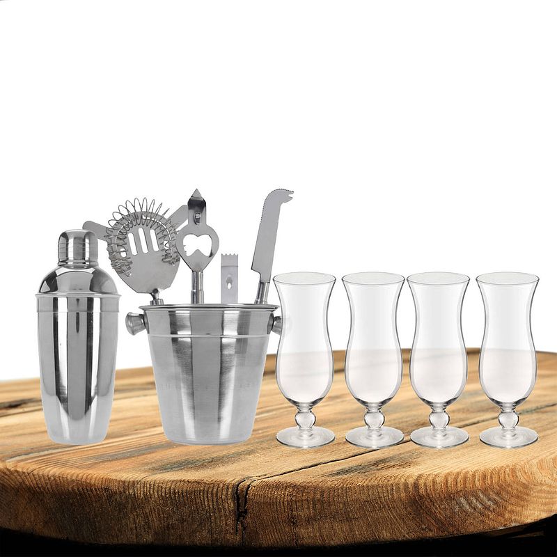 Foto van Excellent houseware cocktails maken set 6-delig met 4x pina colada glazen - cocktailshakers