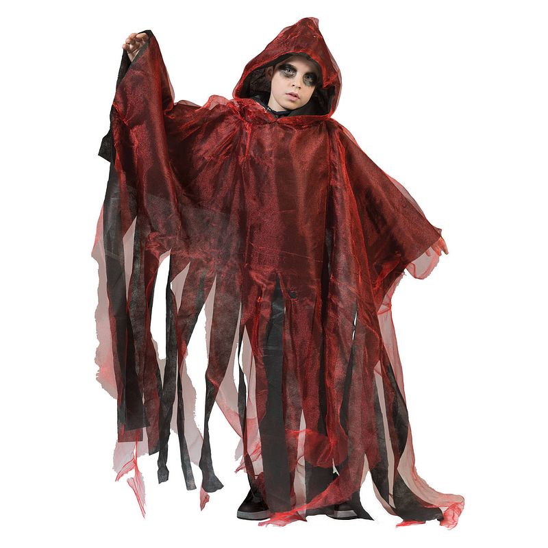 Foto van Funny fashion halloween verkleed cape/gewaad met kap - spook/geest - rood - voor kinderen - carnavalskostuums