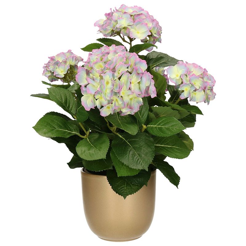 Foto van Hortensia kunstplant/kunstbloemen 45 cm - paars/groen - in pot goud glans - kunstplanten