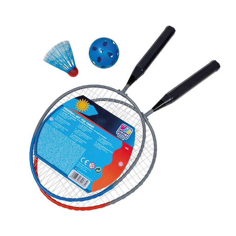 Foto van Happy people badmintonset 45 cm shuttle/bal grijs/blauw 4-delig