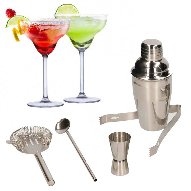 Foto van Set van 4x margarita cocktailglazen met complete 5-delige cocktailshaker set rvs - cocktailglazen