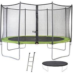 Foto van Kangui twin trampoline 430cm - groen - met veiligheidsnet, ladder, beschermhoes