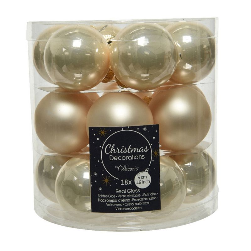 Foto van 18x stuks kleine glazen kerstballen licht parel/champagne 4 cm mat/glans - kerstbal