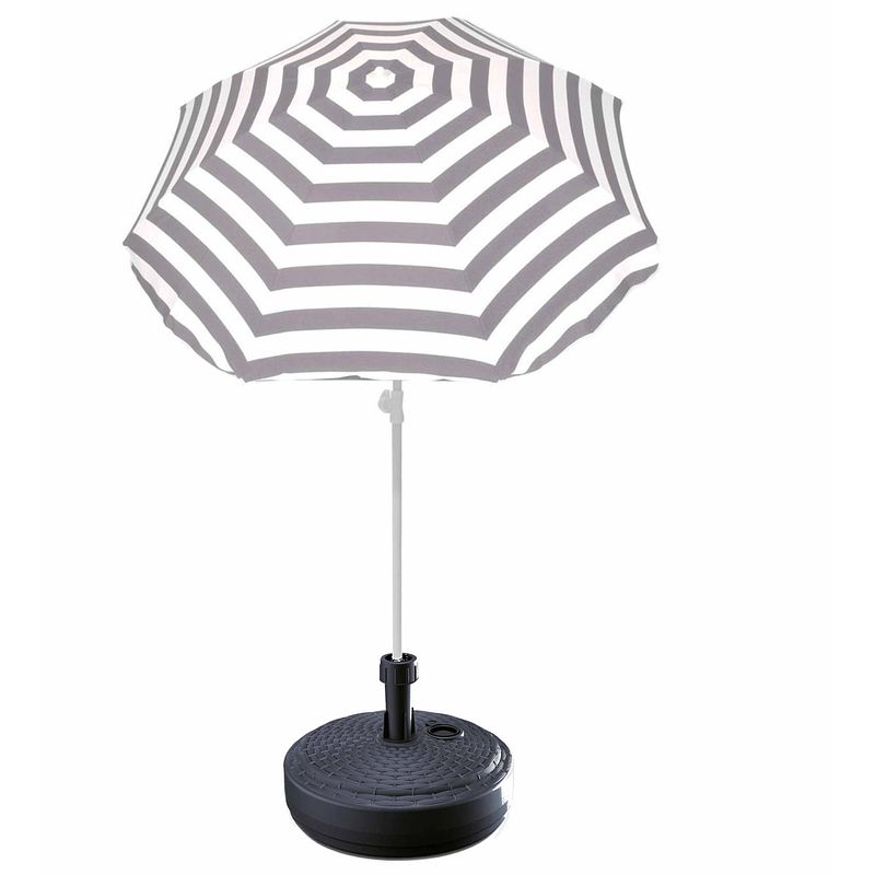 Foto van Grijs gestreepte strand/tuin basic parasol van nylon 180 cm + parasolvoet antraciet - parasols