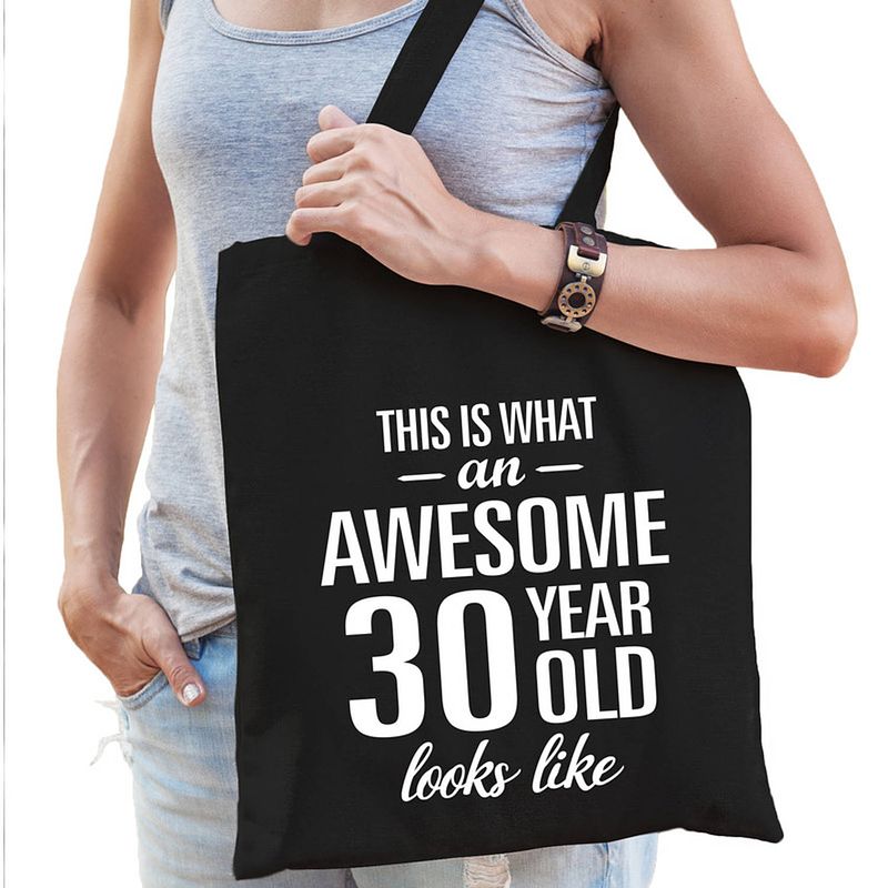 Foto van Awesome 30 year / 30 jaar cadeau tas zwart voor dames - feest boodschappentassen