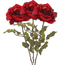 Foto van Top art kunstbloem roos glamour - 3x - rood satijn - 61 cm - kunststof steel - decoratie bloemen - kunstbloemen