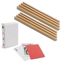 Foto van 4x speelkaarten houders hout 26 cm inclusief 54 speelkaarten rood - speelkaarthouders