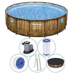 Foto van Bestway - power steel swim vista - opzetzwembad inclusief filterpomp en accessoires - 488x122 cm - houtprint - rond