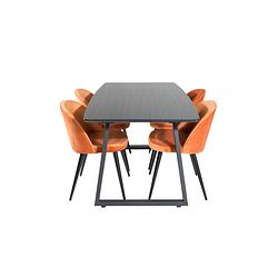 Foto van Incablbl eethoek eetkamertafel udtræksbord længde cm 160 / 200 zwart en 4 velvet eetkamerstal velours oranje, zwart.