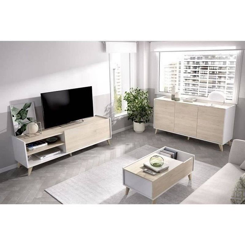 Foto van Ness buffet salontafel tv-kastset - melamine - scandinavische stijl - eiken en wit