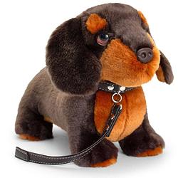 Foto van Pluche knuffel hond - teckel - met riem - 30cm - donkerbruin - knuffel huisdieren