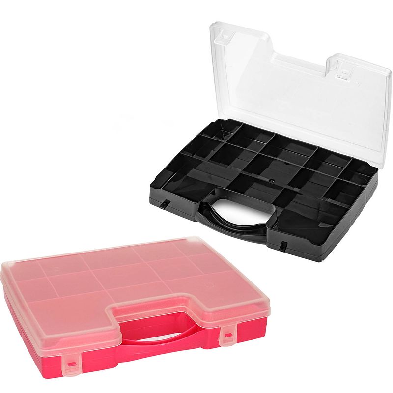 Foto van Forte plastics - 4x opberg vakjes doos/sorteerbox - 13-vaks kunststof - 27 x 20 x 3 cm - zwart/roze - opbergbox