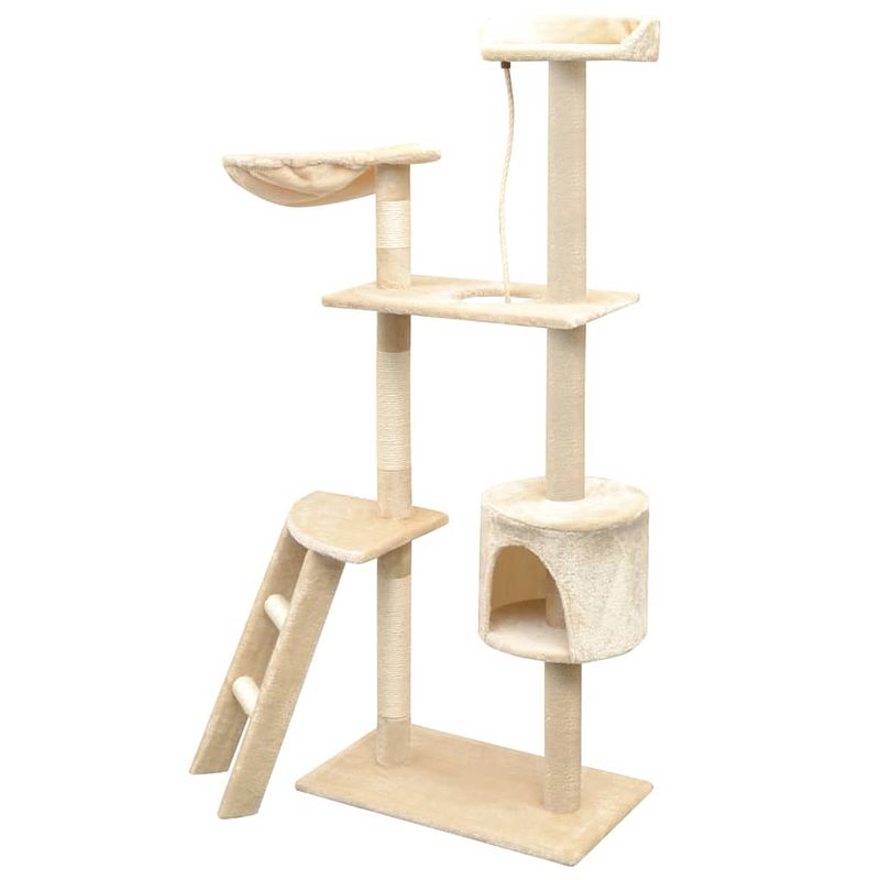 Foto van The living store kattenboom - beige - 97 x 40 x 150 cm - met ladder - huisje - hangmat - krabpalen en platformen