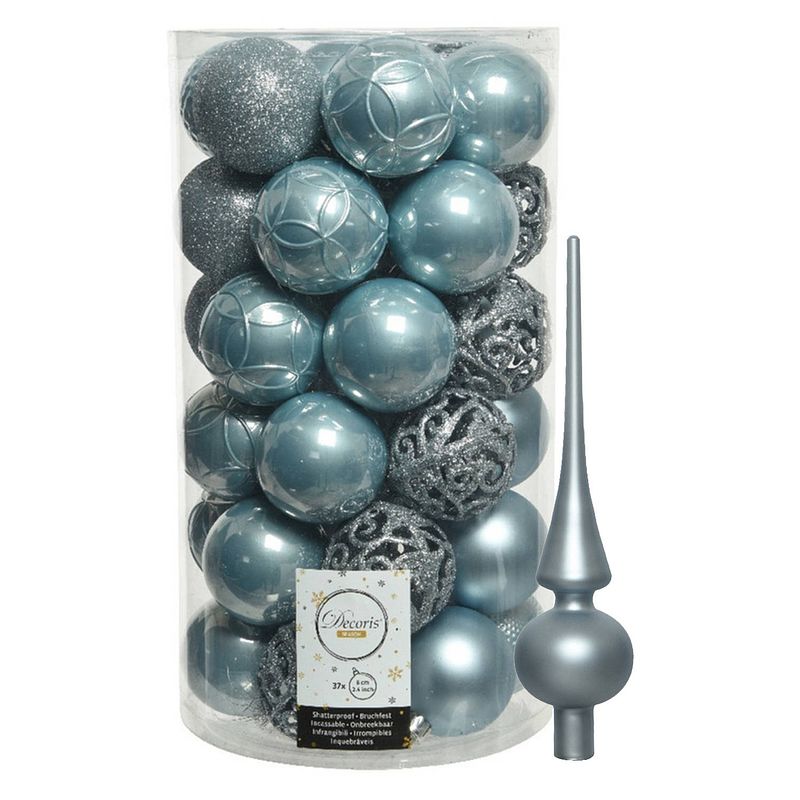 Foto van 37x stuks kunststof kerstballen 6 cm incl. matte glazen piek lichtblauw - kerstbal