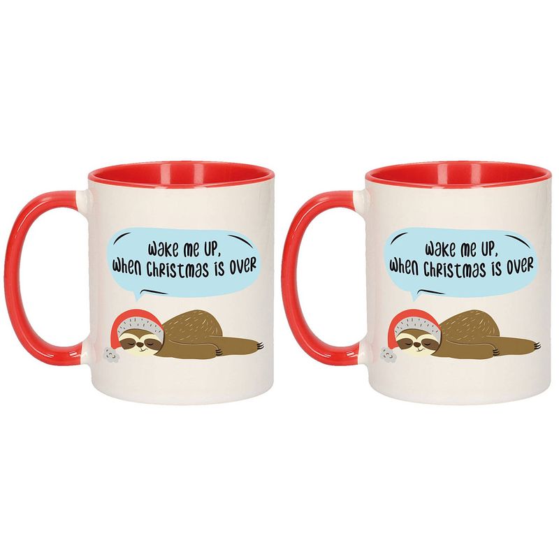 Foto van Set van 2x stuks wake me up when christmas is over kerstcadeau koffiemokken luiaard kerstmis 300 ml - bekers