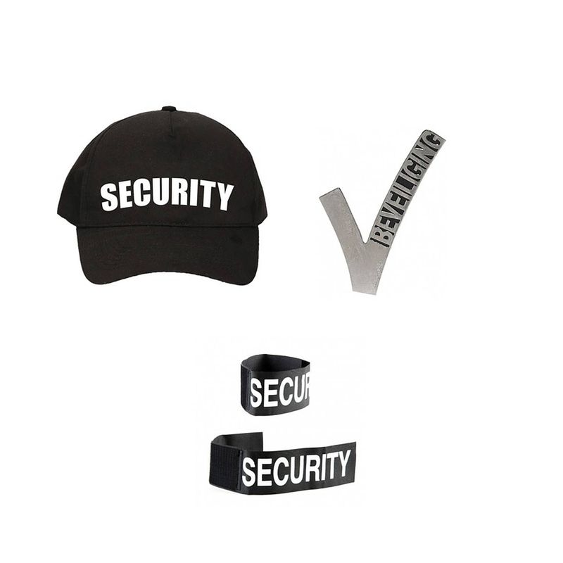 Foto van Verkleed security pet / cap zwart met security embleem en polsbandje voor volwassenen - verkleedattributen