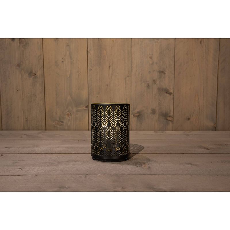 Foto van Anna'ss collection - lantaarn veer zwart/goud lamp met koperdraad 16cm / 3aaa 6h/18h timer