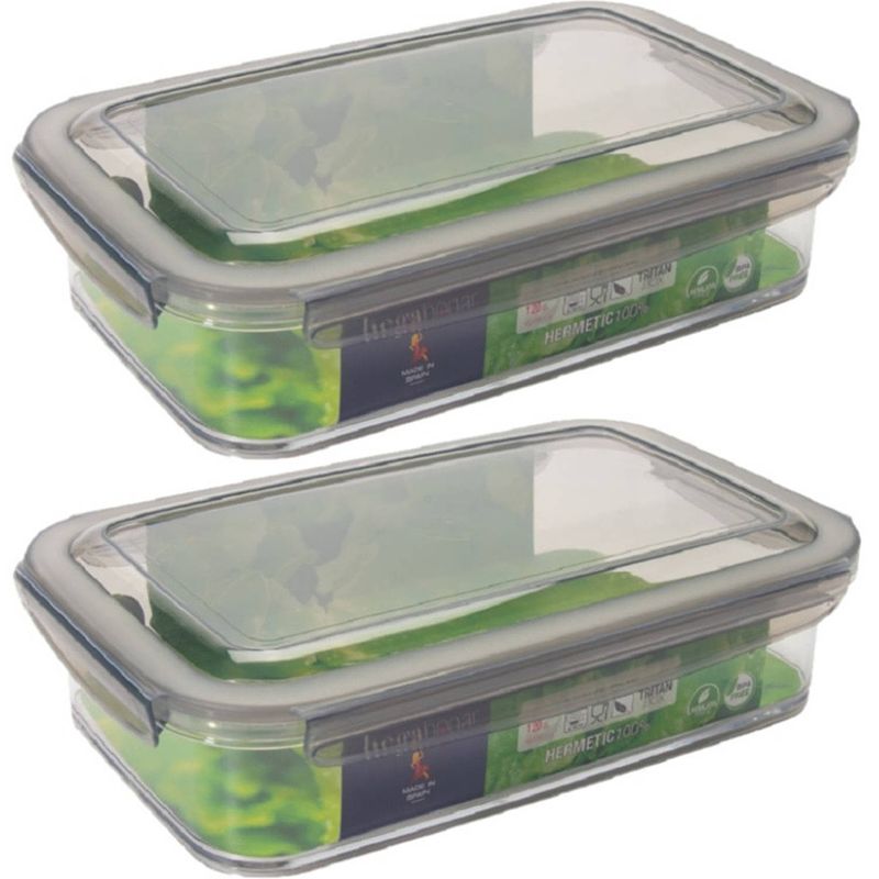 Foto van 2x voorraad/vershoudbakjes 1,2 liter transparant/grijs plastic 24 x 15 cm - vershoudbakjes