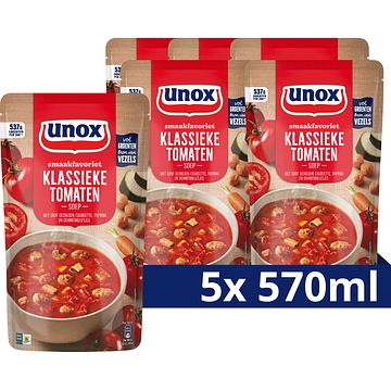 Foto van 2 zakken soep a 570 ml, pakken cupasoup a 3 stuks of single verpakkingen noodles of pasta | unox smaakfavoriet soep in zak klassieke tomaten 570ml aanbieding bij jumbo