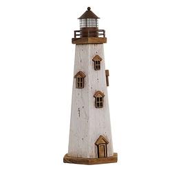 Foto van Maritieme decoraties beeldje vuurtoren - hout - 16 x 41 cm - wit/hout - met led lampje - beeldjes