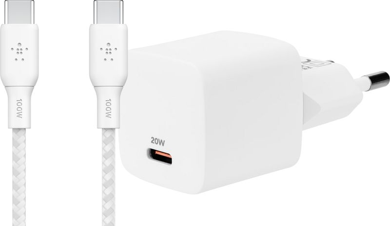 Foto van Bluebuilt power delivery oplader 20w + belkin usb c kabel 3m nylon wit