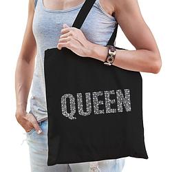 Foto van Glitter queen katoenen tas zwart rhinestones steentjes voor dames - glitter tas/ outfit - feest boodschappentassen