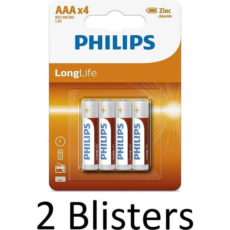 Foto van 8 stuks (2 blisters a 4 st) philips longlife aaa batterijen