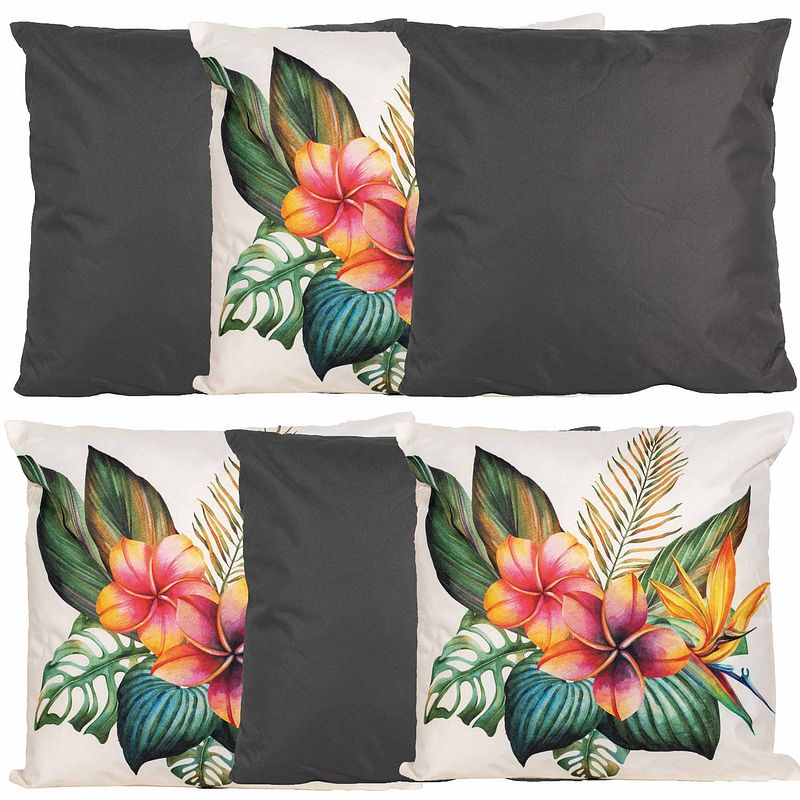 Foto van Bank/tuin kussens set - voor binnen/buiten - 6x stuks - antraciet/tropical print - 45 x 45 cm - sierkussens