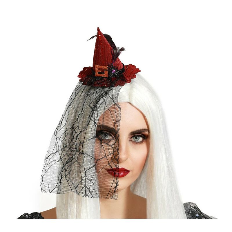 Foto van Halloween heksenhoed - mini hoedje op diadeem - one size - rood - met sluier - meisjes/dames - verkleedhoofddeksels