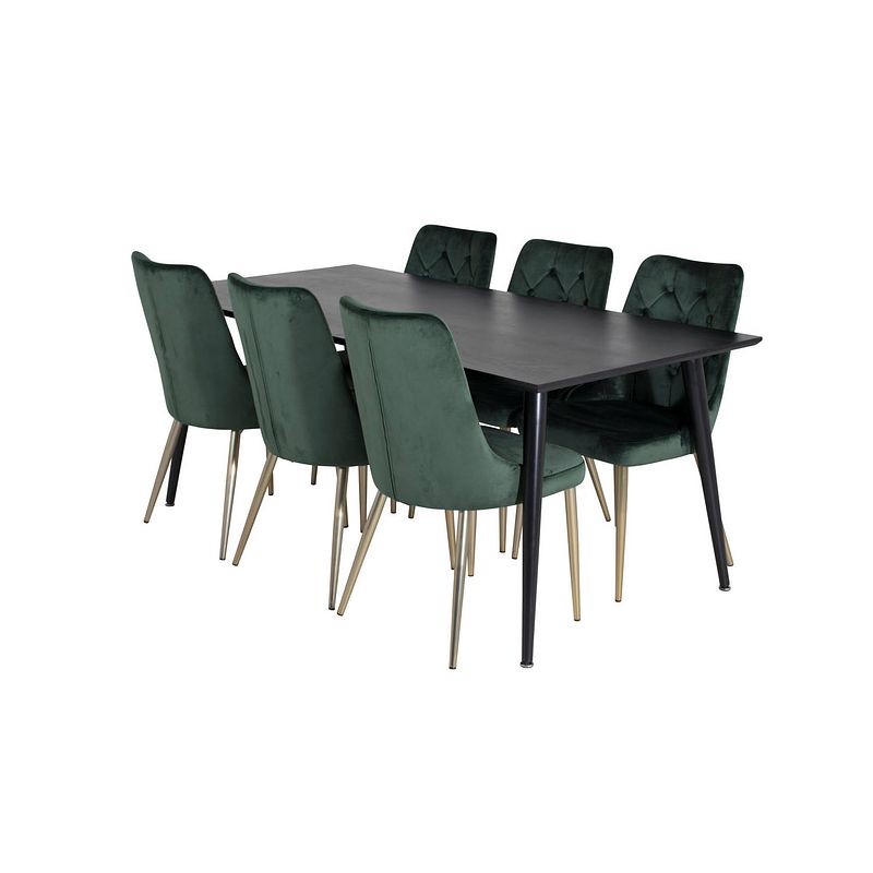 Foto van Dipp180x90blbl eethoek eetkamertafel zwart en 6 velvet deluxe eetkamerstal velours groente, messing decor.