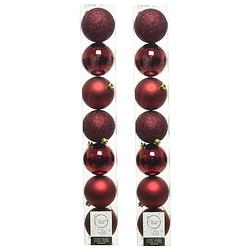 Foto van 14x stuks kunststof kerstballen donkerrood (oxblood) 8 cm glans/mat/glitter - kerstbal