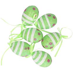 Foto van Set van 18x decoratie paaseieren hangend groen glitter - piepschuim - 6 cm - feestdecoratievoorwerp