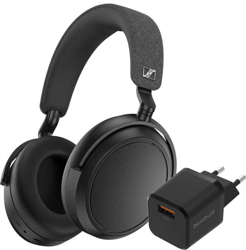 Foto van Sennheiser momentum 4 wireless zwart + bluebuilt quick charge oplader met usb a poort 18w