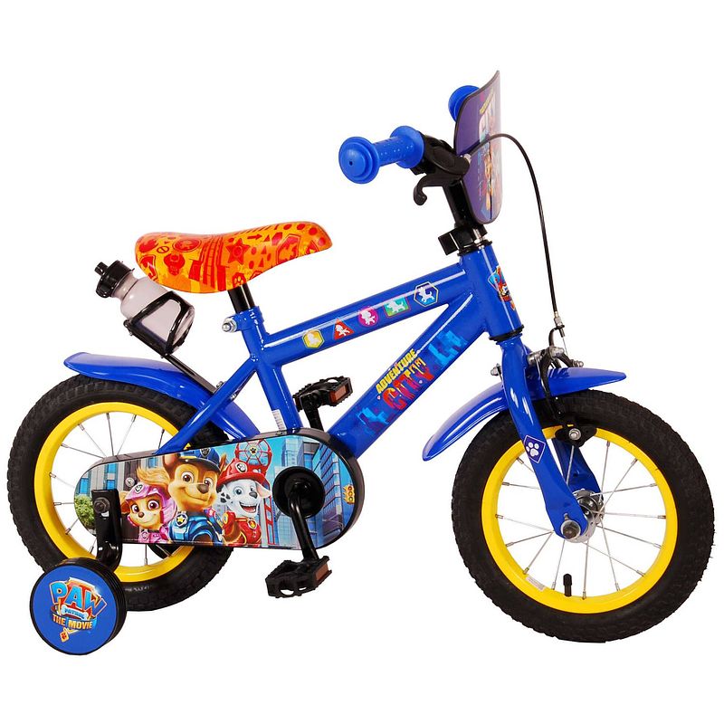 Foto van Paw patrol kinderfiets - jongens - 12 inch - blauw - twee handremmen - geel zadel - met bidonhouder