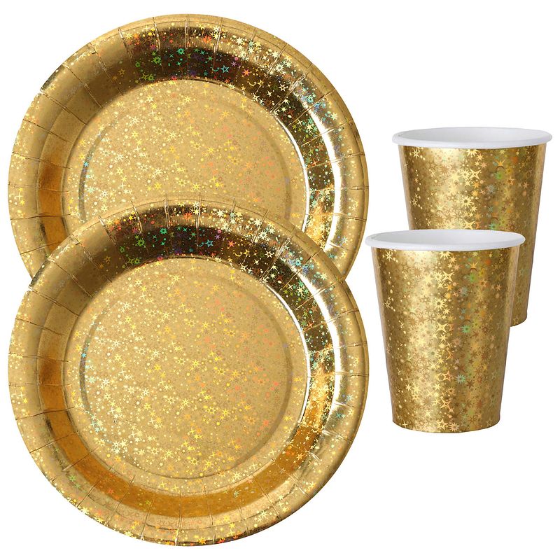 Foto van Feest wegwerp servies set - glitter - 10x bordjes / 10x bekers - goud - feestpakketten