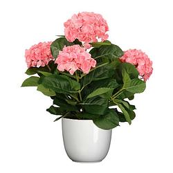 Foto van Hortensia kunstplant/kunstbloemen 45 cm - roze - in pot wit glans - kunstplanten