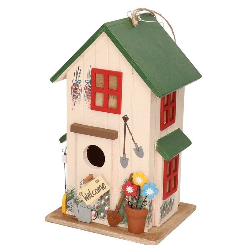 Foto van Houten vogelhuisje/nestkastje wit/groen 26 cm - vogelhuisjes