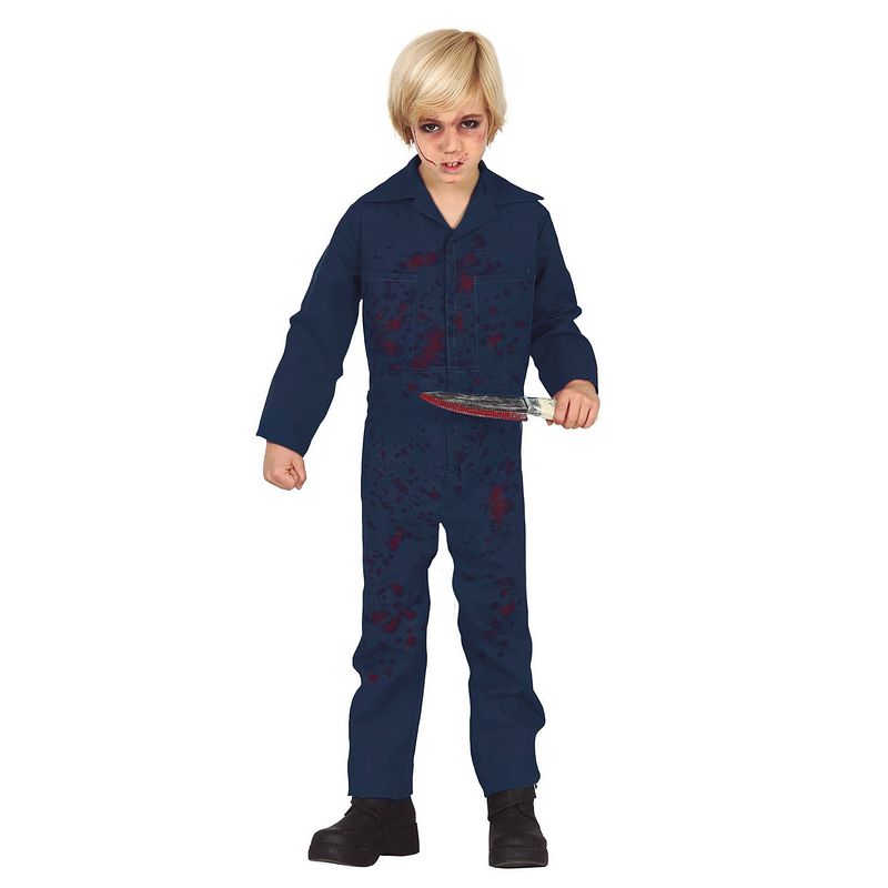 Foto van Blauw horror moordenaar verkleed kostuum / jumpsuit voor kinderen 7-9 jaar (122-134) - carnavalskostuums