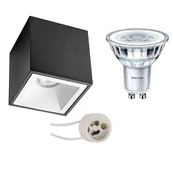 Foto van Opbouwspot set - pragmi cliron pro - gu10 fitting - opbouw vierkant - mat zwart/wit - verdiept - 90mm - philips -