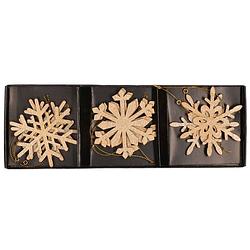 Foto van 6x houten sneeuwvlok kersthangers goud 7 cm kerstboomversiering - kersthangers