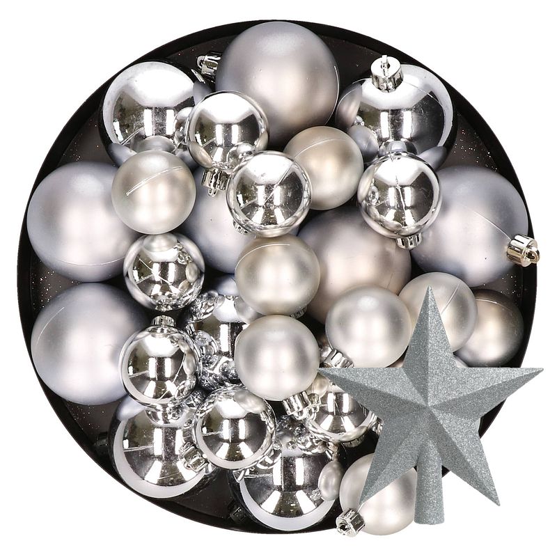 Foto van Kerstversiering kunststof kerstballen met piek zilver 6-8-10 cm pakket van 45x stuks - kerstbal