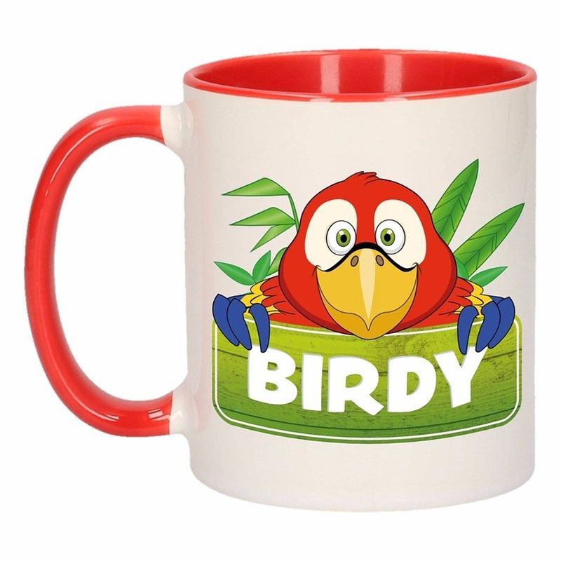 Foto van 1x birdy beker / mok - rood met wit - 300 ml keramiek - papegaaien bekers